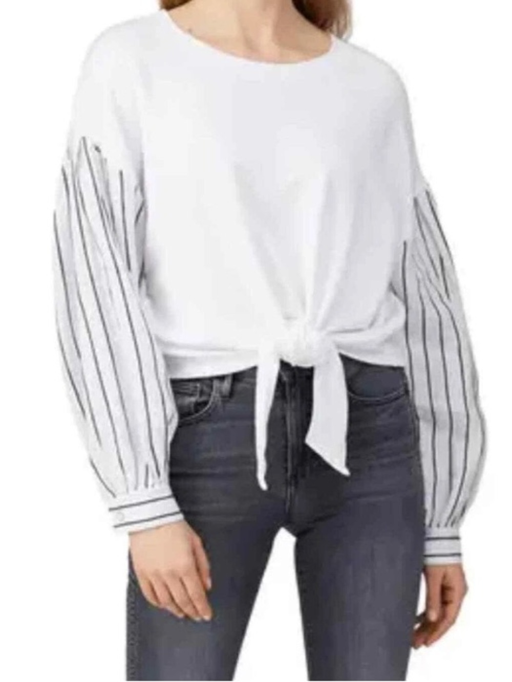 Fifteen twenty oversized White Tie-Front Top with Black Striped Balloon Sleeves